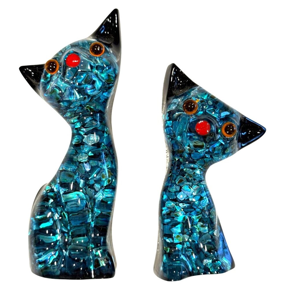 Ariki Paua Shell Cat Figurines Pair MCM Cool Cats Made In New Zealand Groovy Mod